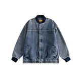 Unisex Jacket Washed-out Vintage Baseball Collar Coat Denim Jacket