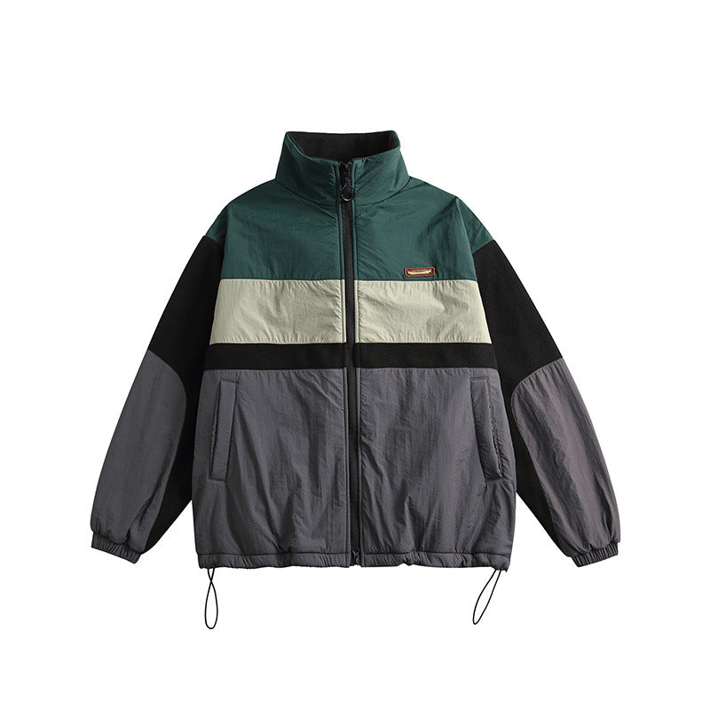 Unisex Winter Cotton Coat Retro Warm Thickening Stand Collar Color Matching Polar Fleece Jacket Cotton-Padded Jacket