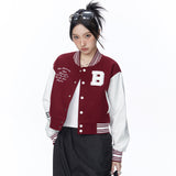 Women Jacket PU Leather Sleeve Baseball Uniform Embroidery Stitching Contrast Color Jacket Jacket