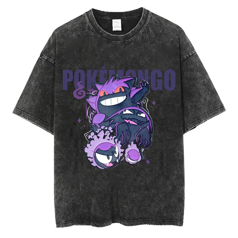 Washed vintage short-sleeved T-shirt anime