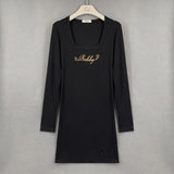 Women Dresses Square Collar Dress Sexy Embroidery Letter Sheath Long Sleeve Short Dress