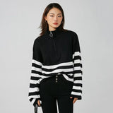 Women Sweater Knit Wear Zipper Striped Sweater Autumn and Winter Turtleneck Knitted Cardigan