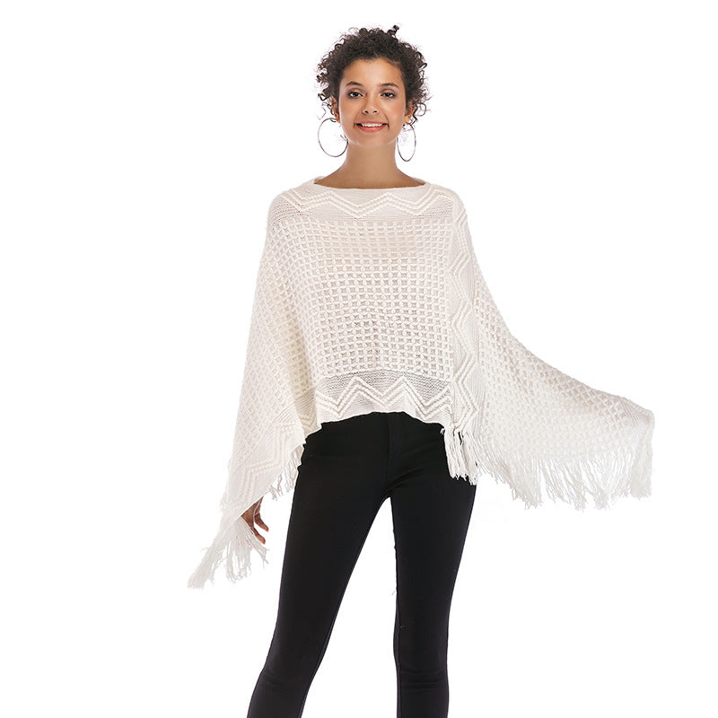 Women Knitted Sweater Knitted Cloak round Neck V-neck Warm White Cape and Shawl