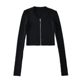 Women Sweater Knitwear Autumn and Winter round Neck Vertical Stripes Knitted Short Top Zipper Sweater