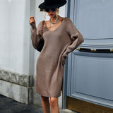 Women Knitted Sweater Autumn and Winter Leisure Long Sleeve Solid Color and V-neck Woolen Skirt
