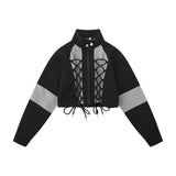 Women Jacket Short Coat Autumn Stand Collar Stitching Long Sleeve High Waist Jacket