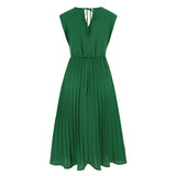 Women Date Dress Summer V-neck Pleated Sleeveless Waist Dress