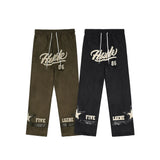 Men Sweatpants Embroidered Letter PU Leather Patchwork Casual Pants Straight-Leg Trousers Elastic Waist Wide Leg Pants