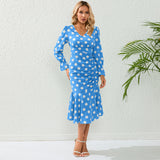 Women Date Dress Autumn and Winter Dress Sexy V-neck Polka Dot Printing Long-Sleeved Fishtail Dress