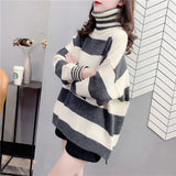Women Knitwear Autumn and Winter Turtleneck Striped Sweater Loose Sweater