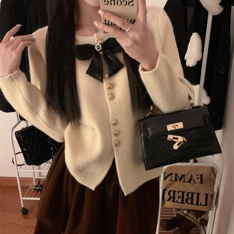 Women Knitted Cardigan Spring and Autumn Bow Sweater Coat