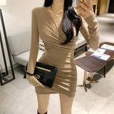Women Dresses V-neck Dress Long Sleeve Hip Skirt Skirt