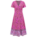 Women Date Dress Floral Dress Short Sleeve V-neck Bohemian A- line Skirt