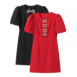 Women Dresses Summer round Neck Love Short Sleeve Dress Hollow Short Skirt (Xds0414)