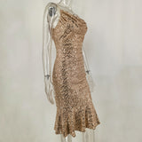 Women Evening Gown Sexy Backless Retro Spaghetti Straps Sequins Dress