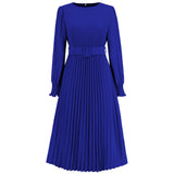 Women Date Dress Fall/Winter Slim Long Sleeve round Neck Pleated Long Dress