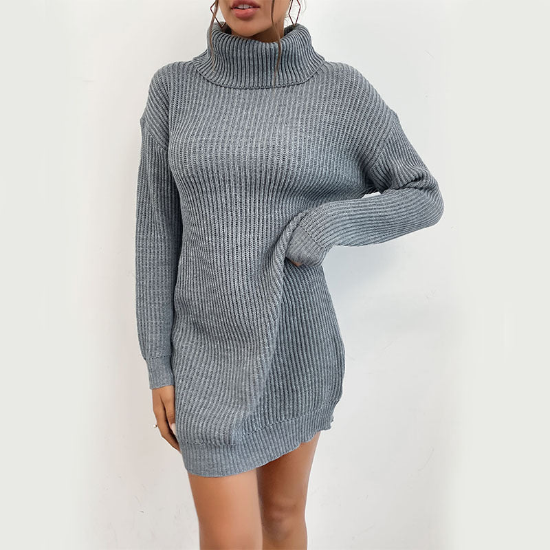 Women Knitted Sweater Autumn Solid Color Long Sleeve High Collar Sweater Dress