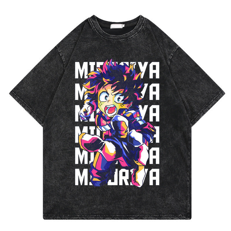Washed retro T-shirt street print cotton short sleeves