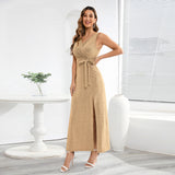 Women Date Dress Sexy Sleeveless V-neck Slit Slim Fit Long Dress