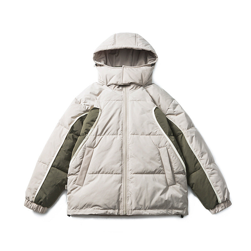 Unisex Winter Cotton Coat Color Contrast Patchwork Hooded Cotton-Padded Coat Retro Loose and Warm Arc Cotton-Padded Coat