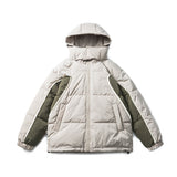 Unisex Winter Cotton Coat Color Contrast Patchwork Hooded Cotton-Padded Coat Retro Loose and Warm Arc Cotton-Padded Coat