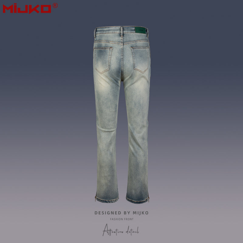 MIJKO Mens Vintage Pants Old Slim Fit Zipper Jeans