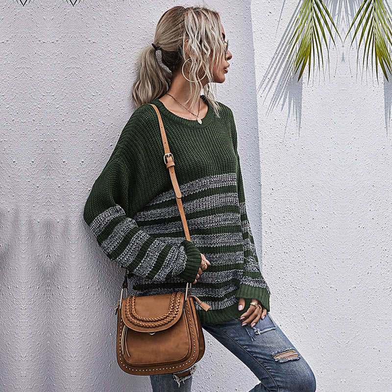 Women Knitted Sweater Autumn Loose Striped round Neck Mid-Length Long Sleeve Bottoming Sweater