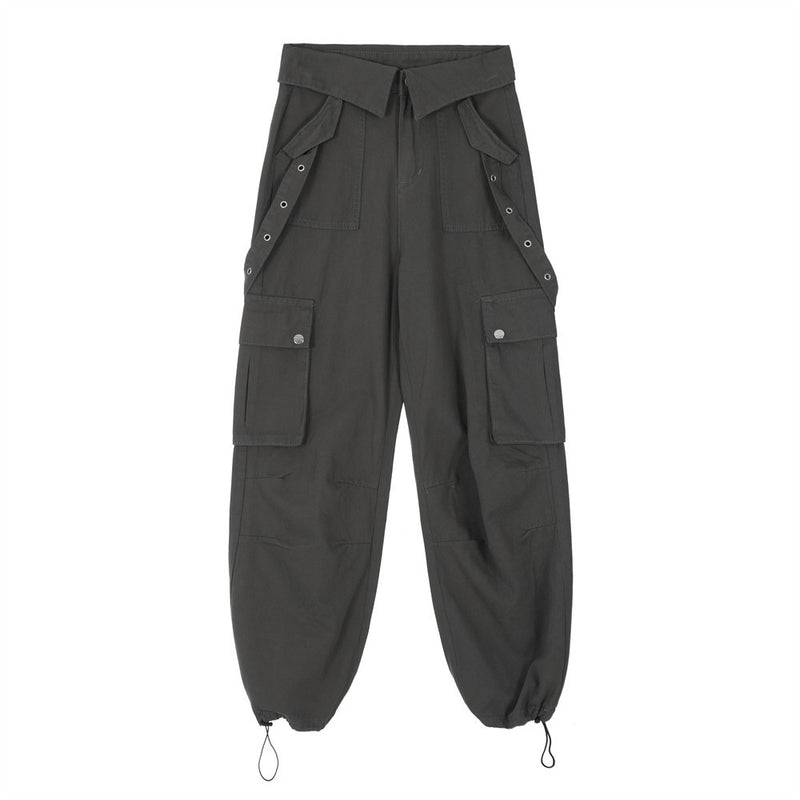 Women Pants Multi-Pocket Cargo Pants Baggy Straight Trousers Drawstring Ankle-Tied Trousers