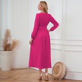 Women Date Dress Single-Breasted Cardigan Skirt V-neck Bubble Long Sleeve Dress