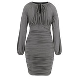 Women Date Dress Winter Sexy Knitted Drawstring Bag Hip Dress