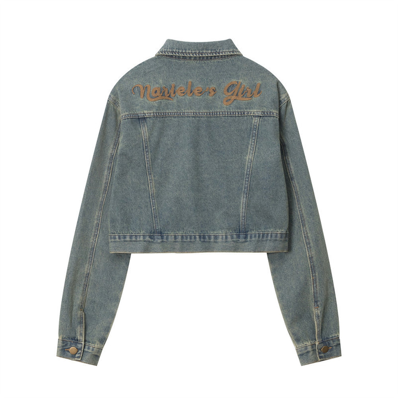 Women Jacket Color Diamond Inlaid Short Denim Jacket Lapel Embroidery Long Sleeve Jacket