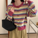 Women Knitwear Autumn and Winter Striped round Neck Sweaters Cardigan
