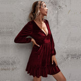 Women Dress Green Deep V-neck Puff Sleeve Velvet Dress