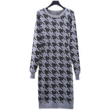 Women Maxi Dress Autumn and Winter Long Sleeve round Neck Houndstooth Knitted Sheath Dress