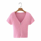 Women Sweater Knit Wear Spring Wool-like Short V-neck Knitted T-shirt Zipper Sweater