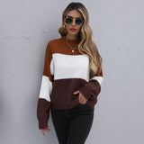 Women Knitted Sweater Autumn Brown Patchwork round Neck Long Sleeve Knitted Pullover Loose Sweater