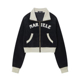 Women Jacket Letter Affixed Cloth Embroidered Short Coat Autumn Leisure Lapel Color Matching Zipper Cardigan Jacket