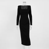 Women Dress Spring Square Collar Long Sleeve Dress Elegant Slim Fit Long Dress