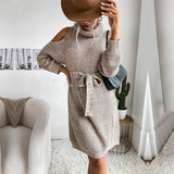 Women Knitted Sweater Autumn Knitted Hollow out Shoulder-Baring High Collar Sweater Dress