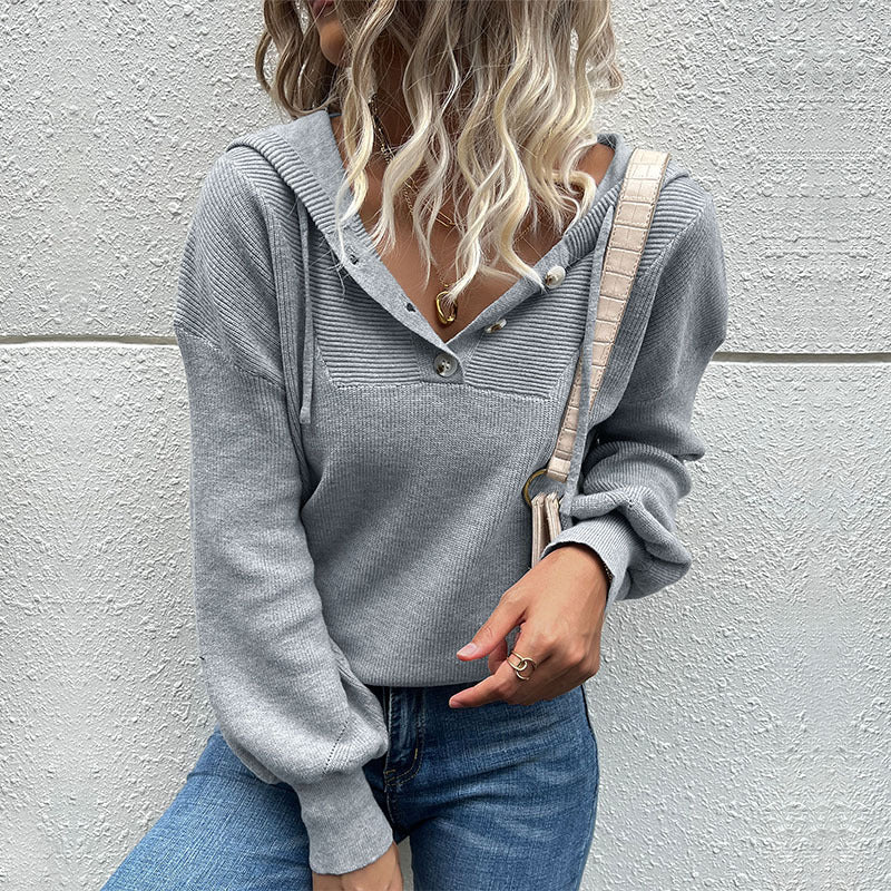 Women Knitted Sweater Autumn Long Sleeve Hooded Knitted Sweater