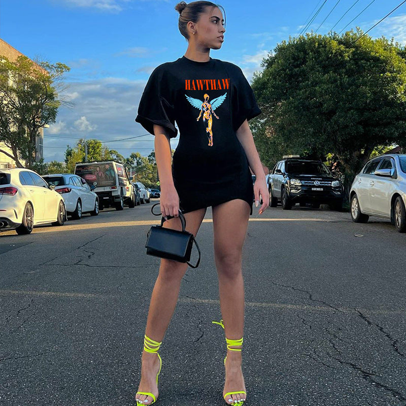 Women Dresses Summer Casual Printed round Neck Slim Short Sleeve Dress