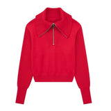 Women Sweater Knit Wear Zipper Wide Collar Casual Top Sweater