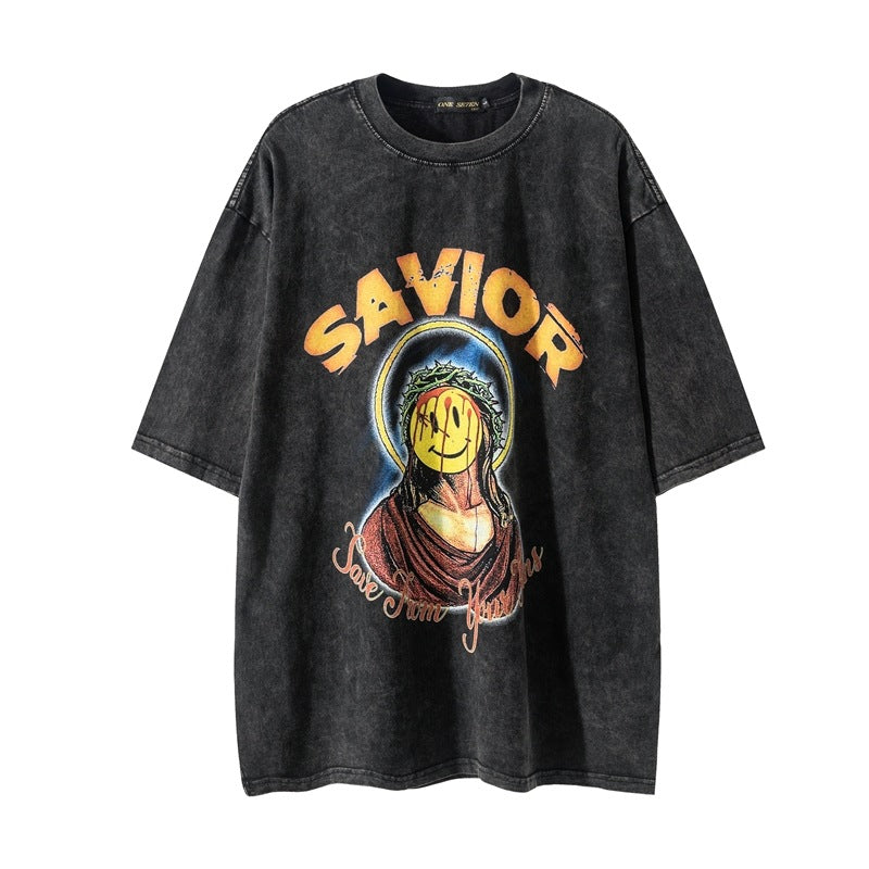Men T Shirt Vintage Angel Wash Short Sleeve T-shirt