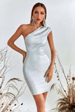 Women Evening Dress Bronzing Dress Bandage Sexy Backless One-Shoulder Hip Skirt