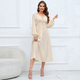 Women Date Dress Slim-Fit Long Sleeve V-neck Lace-up A- line Dress Lantern Sleeve Dress