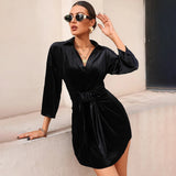 Women Dress Lapel Long Sleeve Narrow Velvet Dress