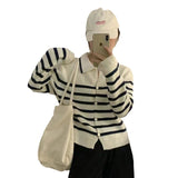 Women Knitwear Autumn and Winter Striped Lapel Sweater Slim-Fit Knitted Cardigan