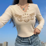 Women T-shirt Heart Wings Printed Slim V-neck Short Top