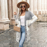 Women Knitted Sweater Fall Long Single-Breasted Color Matching Cardigan Sweater Coat