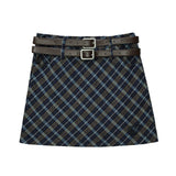 Women Skirt Plaid Double Belt A- line Skirt Skirt